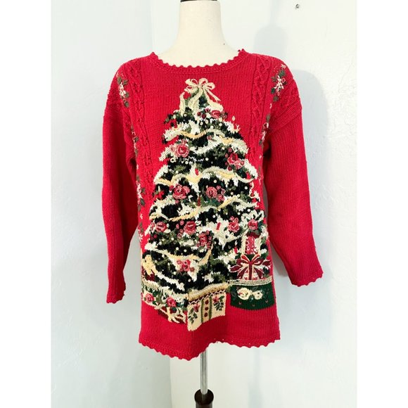 Vintage Christmas Sweater 90s Fashion Bug Christmas Tree Ugly Xmas M - Picture 1 of 7
